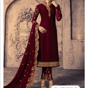 Maroon Embroidered Straight Pant Suit